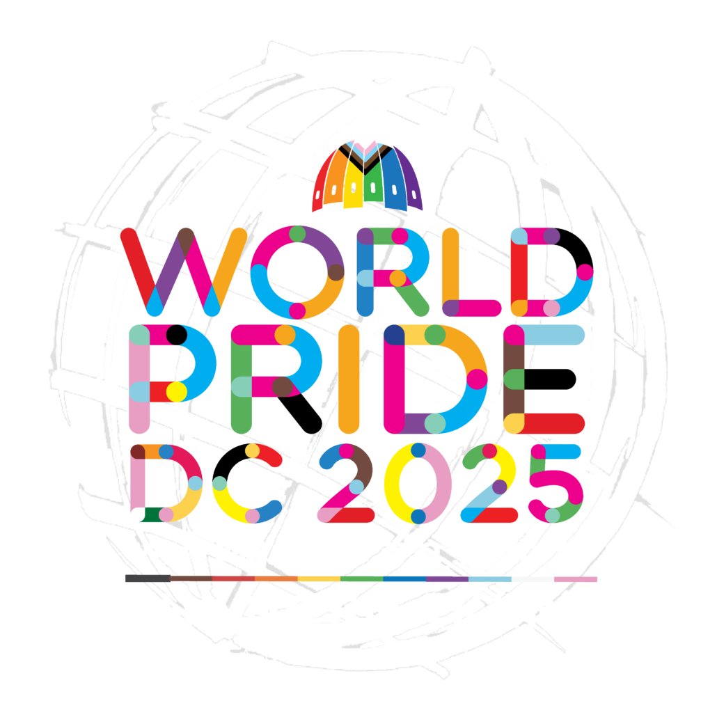 WorldPrideDC_CandidateCity_xtransparent_reverse All on a transparent background, the image foreground has colorful text with the words “WORLD PRIDE DC 2025 WASHINGTON DC – CHANGEMAKERS, CANDIDATE CITY.” On top of the text is the Capital Pride Alliance capitol dome logo with the colors of the progressive pride flag. In the background is a globe drawn with grey brush strokes.