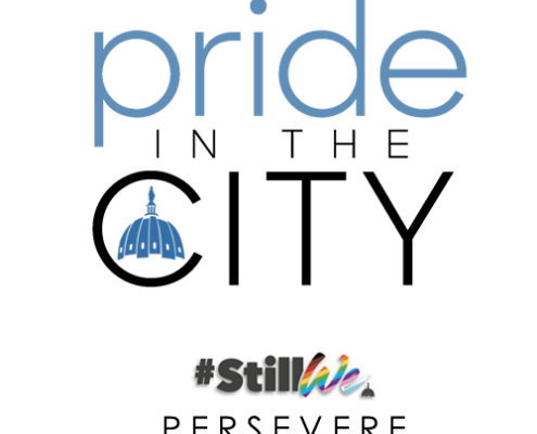 The word "pride" in pale blue stacked on top of the words "IN THE" in black, stacked on top of the word "CITY" in black, with a the pale blue Capital Pride dome logo image in the center of the letter "C" in City. This spells pride IN THE CITY. Underneath is the #StillWe logo with the word "We" with angles progressive pride flag colors from top to bottom starting with black, blrown, red, orange, yellow, green, blue, purple, pink, white, and baby blue. Below the word #StillWe is the word in all caps PERSEVERE.