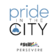 The word "pride" in pale blue stacked on top of the words "IN THE" in black, stacked on top of the word "CITY" in black, with a the pale blue Capital Pride dome logo image in the center of the letter "C" in City. This spells pride IN THE CITY. Underneath is the #StillWe logo with the word "We" with angles progressive pride flag colors from top to bottom starting with black, blrown, red, orange, yellow, green, blue, purple, pink, white, and baby blue. Below the word #StillWe is the word in all caps PERSEVERE.